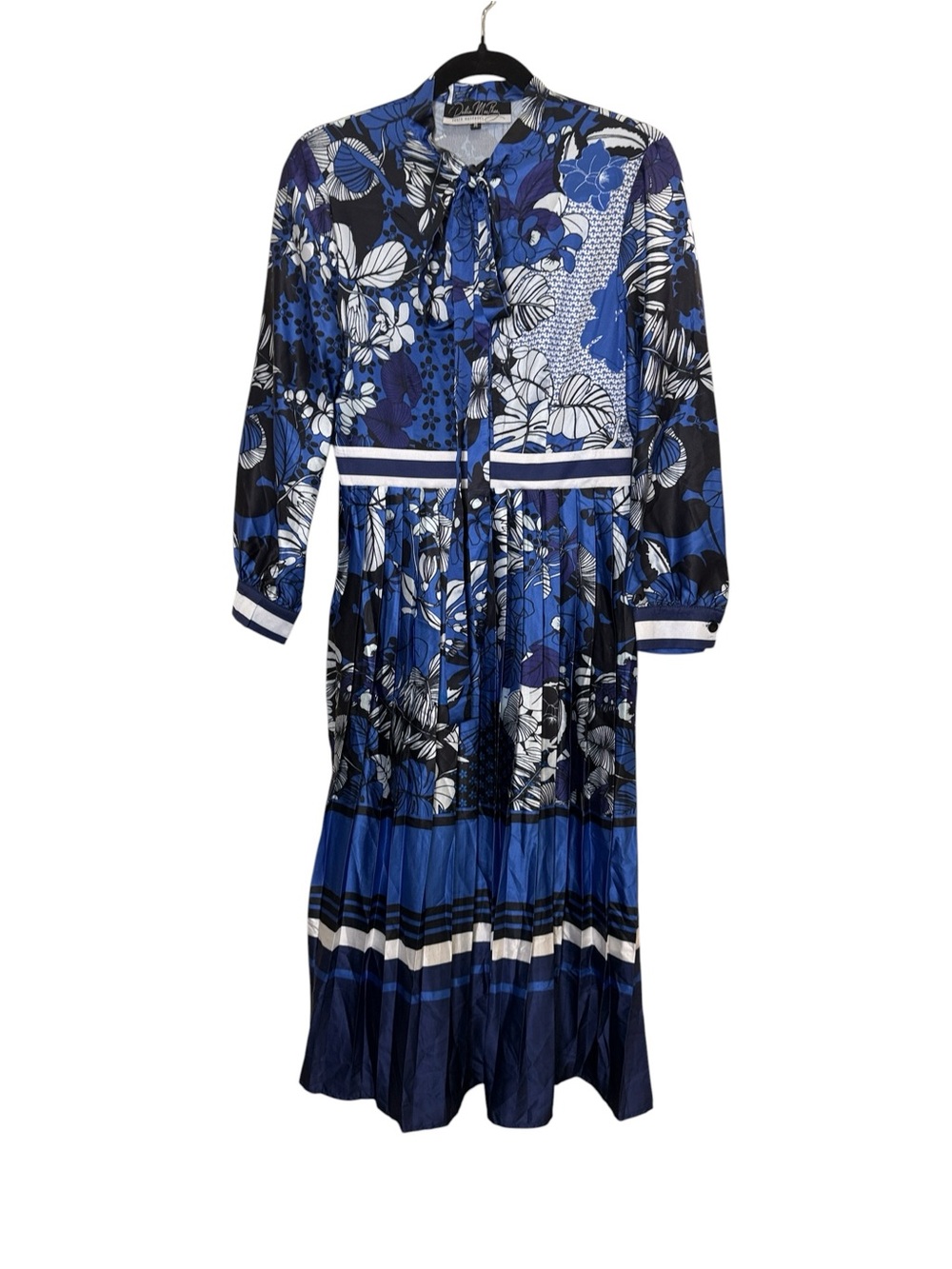 Dalia MacPhee Bold Blue/Black Floral Long Sleeve Midi Dress with Tie Neck Sz M